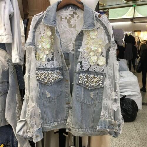 Streetwear Lace Patchwork Hole Denim Jacket Women Oversized Long Sleeve Perspective Flower Embroidery Loose Overcoat Y639