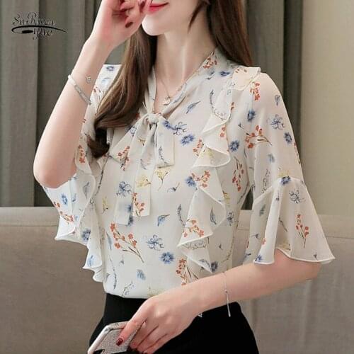 2021 Elegant Plus Size Comfort Women Tops Fashion Short Sleeve Print Chiffon Blouse Vintage Clothes Blusas Mujer De Moda 9228 50