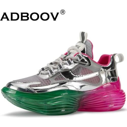 ADBOOV New Jelly Sole Platform Sneakers Women Metallic Leather Shoes Woman Height Increasing 6 CM Fashion Casual Sneaker Female