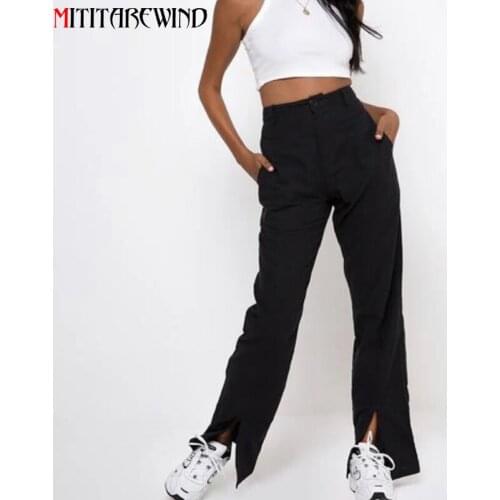 Spring Summer 2021 Women Fashion Trousers Women High Waist Thin All-match Split Pant Casual Straight Office Lady Black Pant