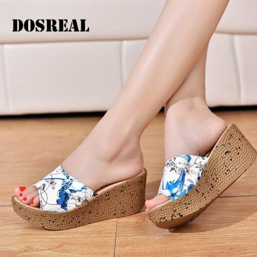 Dosreal 2021 New Summer Womens Sandals Pattern Open Toe Shoes Womens High Heels Platform Casual Wedge Womens Slippers