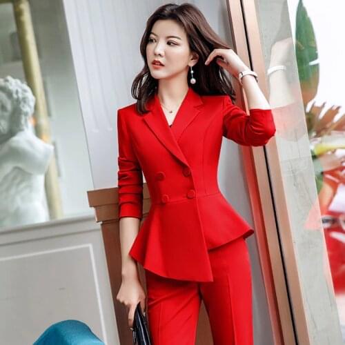 Spring and Autumn Womens Elegant Office Pants Suit Set 2021 New Slim Double-breasted Long Sleeve Ladies Jacket High Waist Pants
