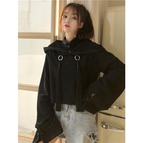 Sweet Womens Hooded Pullover Fall Flare Sleeve Black Face-Two-Piece Hoodie Short Sweatshirt Girls 2018 Autumn