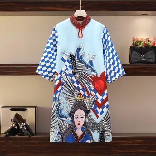 2021 New Hit Summer Dress for Women Chinese Cheongsam Style Loose Sky Blue Comic Cartoon Print Short Daily Casual Dresses