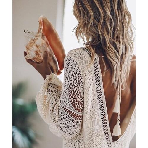 Women Sexy Boho Hollow Out Backless Deep V Neck White Beach Dress Long Sleeve Lace Up Tassel Loose Holiday Casual Mini Dress
