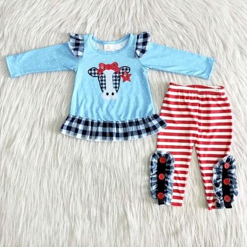 Cute Cow Pattern Kids Long Sleeve Fall Clothes Girls High Quality Stripes Outfits Toddlers Tunic Top And Pants 2 Pieces