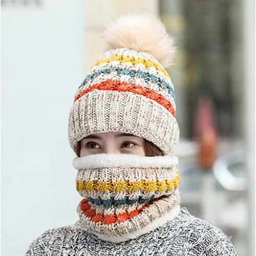 2pcs Winter Warm Cycling Hat Scarf Set Women Plush Knitted Woolen Beanie Cap Stripe Pompom Female Putdoor Windproof Bonnet Hat