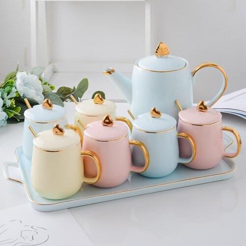 Nordic Style 6pcs Ceramic Tea Coffee Cup With Teapot Household Light luxury Pink Blue Green heatproof Tea set Water Kettle