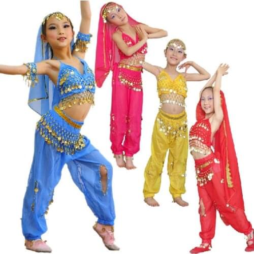 Free shipping belly dance costumes for kids Child indian dance clothes performance wear set 5 pcs top belt pant veil bracelets
