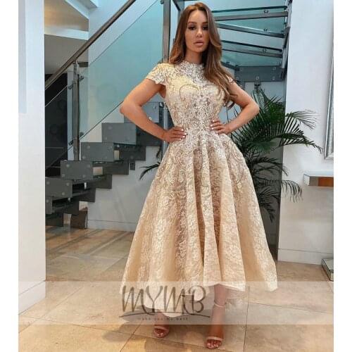 Hot Sale Sparkly Rhinestone Cocktail Evening Dress Cape Sleeve Aline Luxury Lace Embriodery Evening Gown Prom Formal Party Dress