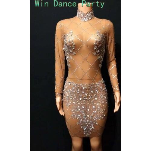 Sparkly Rhinestones Sexy Mesh Celebrity Dress with Long Sleeve Women Birthday Prom Party Dress Bling Bodycon Nightclub Outfit