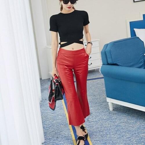 Women Zipper Slim Fit Genuine Leather Pants Streetwear Bell-bottomed Flare Pants Casual Trousers Ankle Length Pantalon Femme 3XL