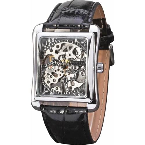 New Fashion Winner Men Watches Gold Luxury Rectangle Clock Leather Band Hand Wind Mechanical Watch Classic Retro Wristwatch