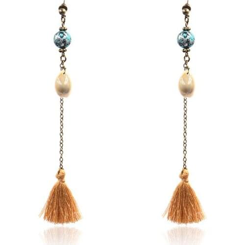 Designer Brand Natural Shell Long Tassel Earrings for Women Vintage Fashion Blue Bead Drop Dangler PartyAnniversary Jewelry