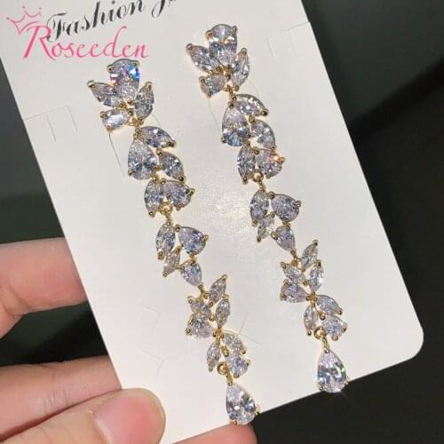 Fashion CZ Leaf Wedding Earrings Marquise AAA Cubic Zirconia Long Drop Bridal Earrings For Elegant Women Jewelry RE4025