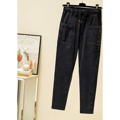 Elastic Waist Big Pocket With Single Breasted Lace Jeans Woman High Waist Cords Harem Cusaul Denim Trousers boyfriend Plus Size