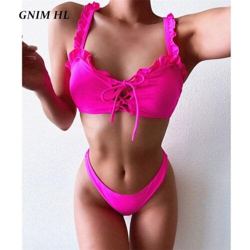 GNIM Sexy Solid Ruffle Swimsuit Women 2 Pieces Thong Bikini Set 2020 New Bandage HIgh Cut Swimsuit Female Beach Wear Swim Suit