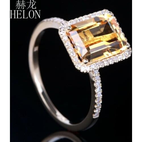 HELON 2.4ct Citrine 6.5x8.5mm Emerald 0.2ct Diamonds Accent Ring Solid 10K Yellow Gold Engagement Wedding Fashion Jewelry Ring