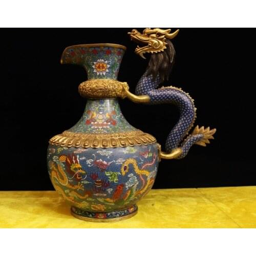 16" China Bronze Cloisonne 24K Gold Dragon Phoenix Water Bottle Teapot Teakettle