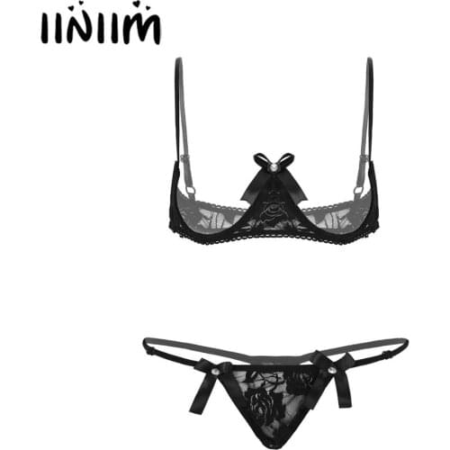 Iiniim Womens Fetish Erotic Sissy Lace Lingerie Sets Exposed Breasts Underwired Bra with G-string Crossdressing Sissy Nightwear