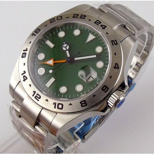 Green GMT New Arrival Automatic Men Watch Black Hand Brushed Oyster Bracelet Spaphire Glass Steel Metal Bezel