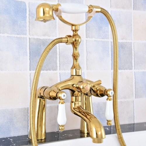 Deck Mounted Modern Polished Gold Brass Bathroom Tub Faucet Set with 150CM Handheld Shower Spray Head Bath Mixer Tap 2tf792