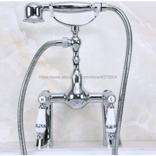Polished Chrome Shower Faucet Deck Mounted Double Handles Bathroom Shower Mixer Faucet with Hand Shower Nna115