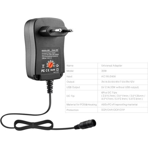 Universal 30W Power Adapter 3V 4.5V 5V 6V 7.5V 9V 12V AC/DC Charger Converter + 5V 2.1A USB Port With 6pcs DC Tips EU/US/UK Plug