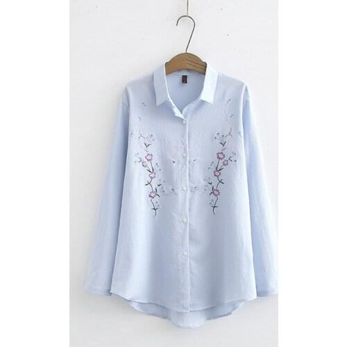 Plus Size Women White Blouse Long Sleeve Floral Embroidery Shirts Office Wear Long Tops