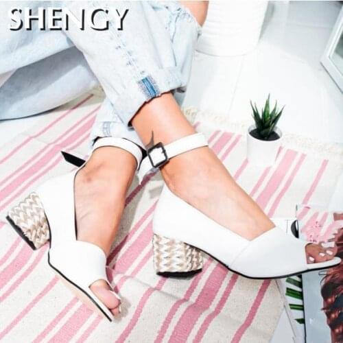 2020 Women Summer Sandals White Fashion New Casual Solid Buckle Strap Fish Toe Square Mid Heel Ladies Plus Size Sandals