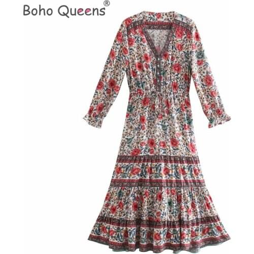 Boho Queens women Floral print single breasted beach Bohemian maxi dress Ladies V neck rayon cotton happie dress vestidos