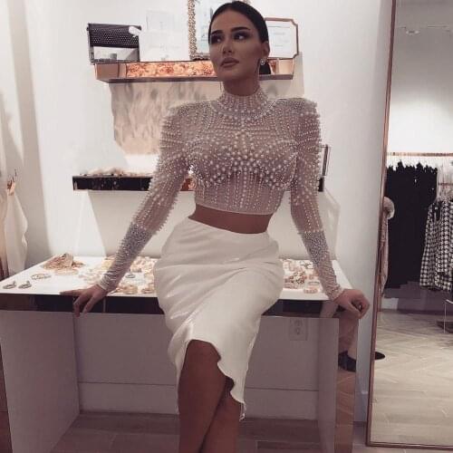 High Quality Nude Beading Long leeve 2 Pieces Set Rayon Bandage Dress Evening Party Dress