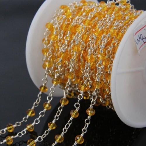 5Meter Faceted Yellow Glass Rondelle Beads Rosary Chains,Sliver Plated Wire Wrapped loop Chain Necklace bracelet Charms Jewelry
