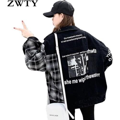 ZWTY Black Loose Denim Jacket Harajuku Bomber Jacket Streetwear Plaid Black Jeans Jacket Women Letter Printed Jacket Autumn 2020