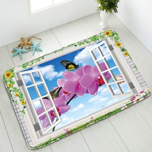 Color Flowers Non-Slip Bathroom Mat 3D Window Floral Plants Butterfly Spring Scenery Bedroom Kitchen Doormat Rug Washable Carpet