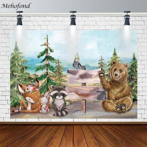 Mehofond Wild Animals Backdrop Brown Bear Raccoon Rabbit Deer Decor Photography Background Prop Photo Studio Banner Photozone