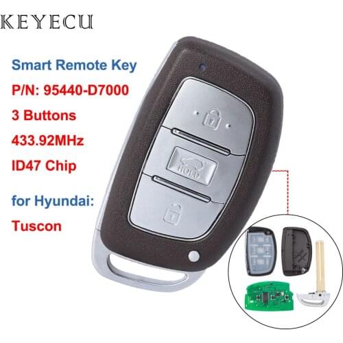 Keyecu Keyless Smart Remote Car Key Fob 3 Buttons FSK 433.92MHz ID47 Chip for Hyundai Tucson 2018 2019 2020 SUV P/N: 95440-D7000