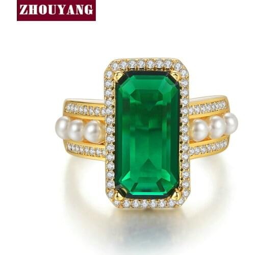 ZHOUYANG Ring For Women Luxury Style Four Claw Big Crystal Imitation Pearl Yellow Gold Color Party Gift Fashion Jewelry R806