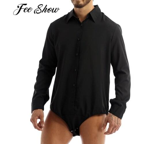 Black Jumpsuit Body Suit Mens Shirt Tops Solid Color One-piece Romper Long Sleeve Press Button Open Crotch Casual Men Bodysuit