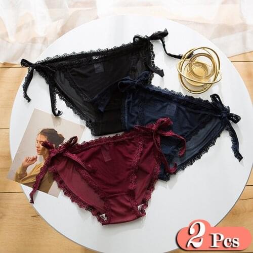 2Pcs/Lot Solid Ruffle Lace Mesh Panties For Women Briefs Set Hollow Out Transparent Sexy Underwear Briefs Set Female Lingerie