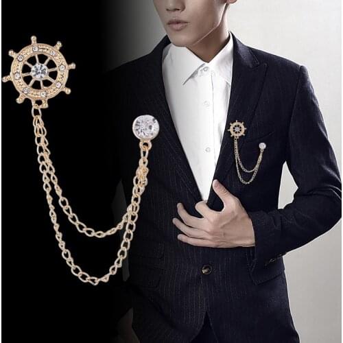 Korean Metal Rudder Rhinestone Brooch Tassel Chain Pin Mens Suit Shirt Badge Coat Corsage Female Jewelry for Women Accessories