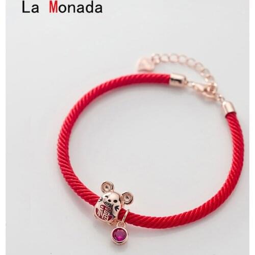La Monada 925 Sterling Silver Lucky Zodiac Mouse Rat Red Rope Bracelets Red Thread On Hand Line String Bracelets For Women Gold
