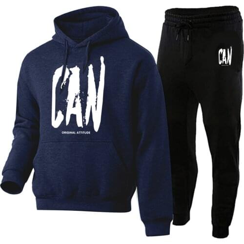 Mens Novelty Can Letter Print Tracksuit 2pcs Tight Hooded Long Sleeve Sweatshirt + Trousers Set Hoodies Cozy Sport Outwear Suit