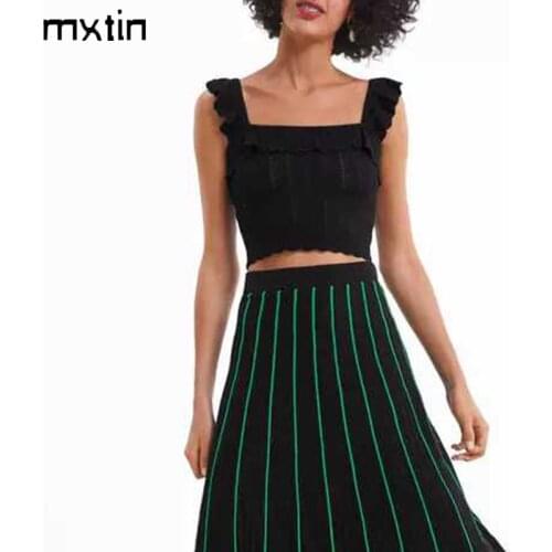 MXTIN 2021 Women Spring Fashion Sweet Ruffle Solid Knitted Tank Tops Vintage Sleeveless Backless Female England Style Camis Tops