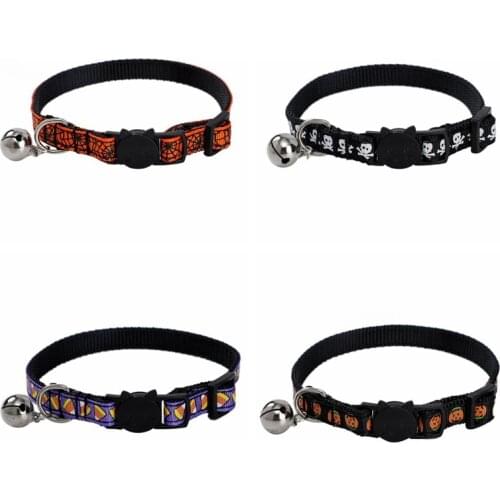 Halloween Pet Collar With Bell Nylon Dog Cat Collar Pet Pumpkin Skull Spider Pattern Necklace Adjustable Cat Dog Accessories