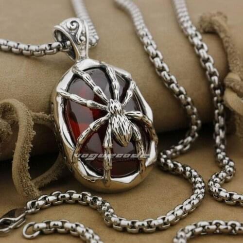 Huge Heavy 925 Sterling Silver Red CZ Spider Skull Mens Biker Punk Pendant 9J018