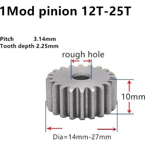 Spur pinion 1 Mod 12T- 25T Thick 10mm Rugh hole Straight Teeth 45# steel positive gear CNC gear rack transmission motor gears