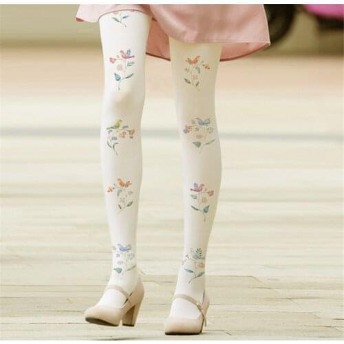 Japanese Style Silk Socks Womens Pantyhose Birds 80D Silk Stockings Printed Velvet Stocking D415