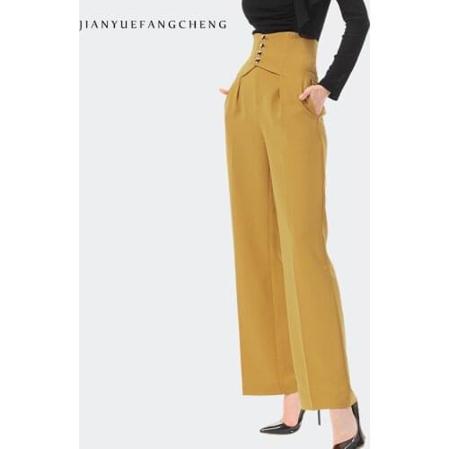 Office Ladies Pants Solid Straight Long Trousers Front Pleated High Waist Wide Leg Pants Elegant Fashion 2021 Spring New Bottoms