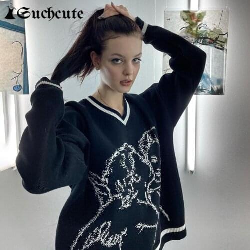 SUCHCUTE Cartoon Print Women Sweaters Loose Casual Streetwear Outfits Ladies Pullovers Y2K Kawaii Sweaters Jumpers Harajuku 2021